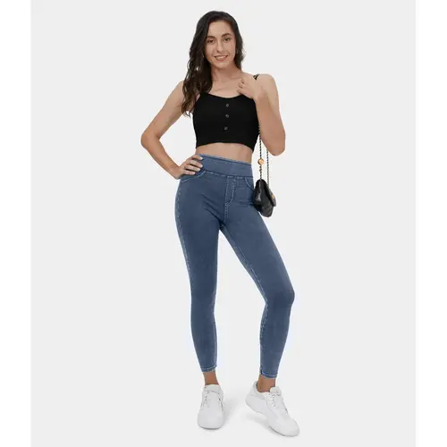 Halara Flex High Waisted Back Side Pocket Stretchy Knit Denim Casual Leggings #BackToSchool