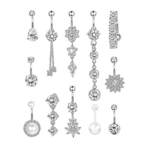 Cubic Zirconia & Flower Chain Belly Button Ring, Rhinestone Navel Piercing Jewelry for Women, Hinged Piercing Hoop, Cute Accessory for Crop Tops, Back-to-School and Fall Outfits, Body Piercing Jewelry, Belly Hoops, Belly Rings