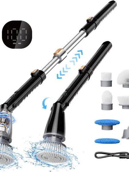 2026 Newly Upgraded Trucozie T355 Cordless Electric Spin Scrubber - Household Machine, Rechargeable, Portable, 440RPM, 90Mins Runtime, 3 Adjustable Angles & Sizes, 6 Replaceable Brush Heads, 2 Speeds, Metal Rod for Bathroom, Car Cleaning, Replaceable Head
