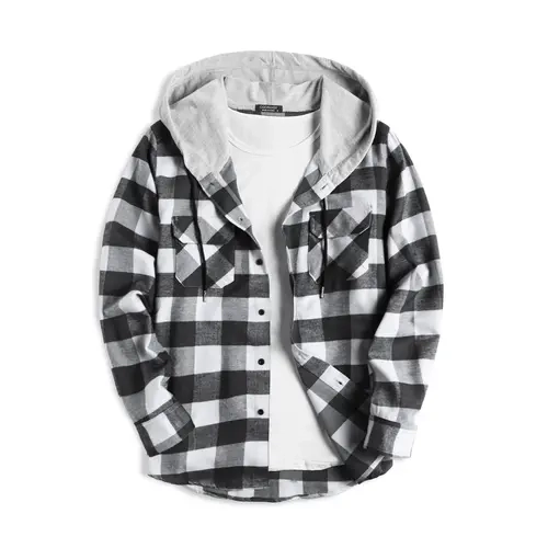 COOFANDY B Lightweight Men's Red & Navy Plaid Hoodie Flannel Shirt Jacket Long Sleeve Casual Fashion Button Shirts Menswear Coats Tops with Drawstring & Elastic Closure
