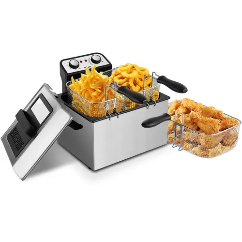 SUSTEAS Personal Electric Deep Fryer with Chrome - Home Use, 3 Baskets for More Cooking at Once, 5.2qt Capacity, 265°F-375°F Temp Control, Adjust Temp., Cool Touch Sides, Dishwasher Safe, Viewing Window, Lid Design, Personal Deep Fryer, Ready‑Heat Light,s