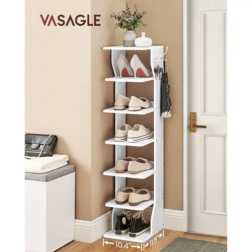 VASAGLE 7-Tier Shoe Rack Organizer - Slim Profile Room Storage with Particleboard Unit, Hooks, Accessory Bag, Wall-Secure Kit, 22lb Capacity, Clever Storage Ideal for Busy Entryways and Bedrooms