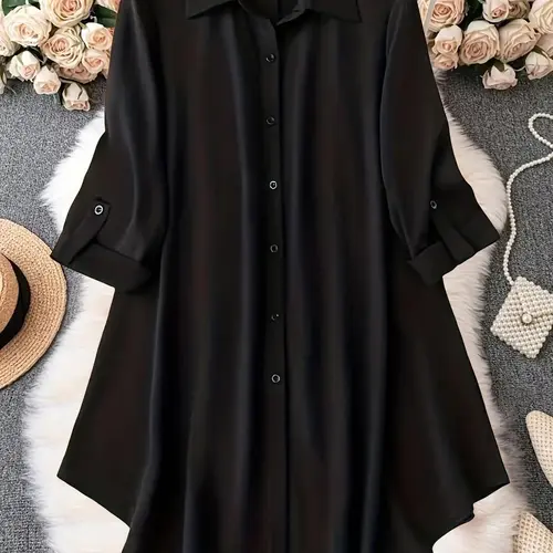 Plus-Size Solid Long Sleeve Button Up Blouse, Casual Classy Elegant Button Front Collared Top for Spring & Fall, Women's Clothes for Daily Wear