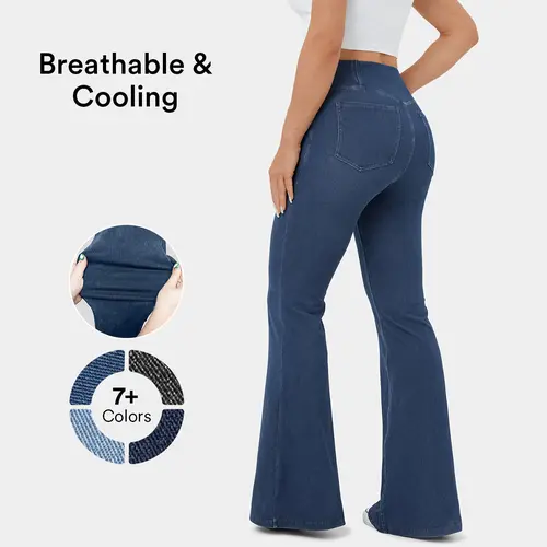 Halara Flex High Waisted Crossover Pocket InstantCool Washed Stretchy Knit Casual Super Flare Jeans Denim Pants #BackToSchool
