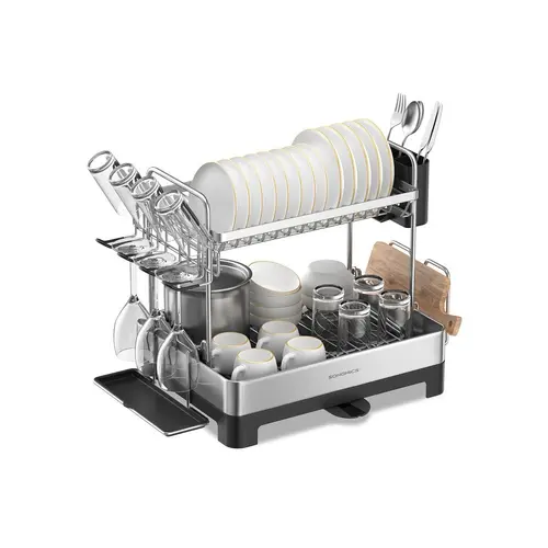SONGMICSHOME Stainless Steel Countertop Dish Rack - Freestanding 2-Layer Adjustable Rectangle Kitchen Organizer for Dish Organization, with Rotatable-Extendable Spout, Cup Holder Ready, Expanding Draining Boards, Sink-Direct Drain, Durable Wear Resistance