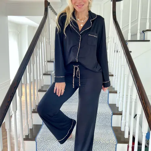 Black With Leopard Trim Pajama Set