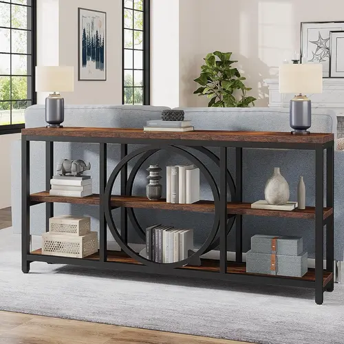 Tribesigns Extra Long Console Table, 70.9 inch Industrial Sofa Tables with 3 Tier Wood Storage Shelves and Metal Frame