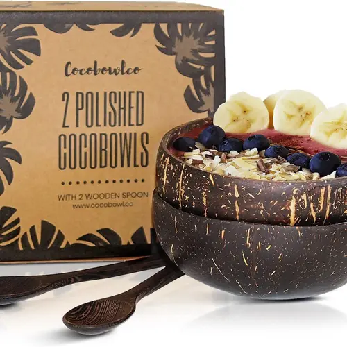 Coconut Bowl Set with Wooden Spoons – Eco-Friendly Acai Bowls, Yogurt Bowls & Smoothie Bowl – Ideal for Ninja Creami & Healthy Breakfasts (Set of 2)  Utensils Dinnerware Smoothiebowl