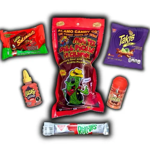 Mini Tex Chamoy Pickle Kit (6 PC) - Spicy Sauce, Takis, Lucas Candy, Tangy Spicy Snacks, Mexican Food and Snacks, Easy Pantry Pickled Treat