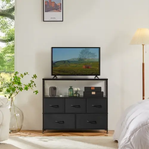 Sweetcrispy 5-Drawer Fabric Cupboard Cabinet - TV-Ready Top Entertainment Center, Media Console Dresser with Storage Shelf, 4 ft Floor Protection, Sorts Daily Needs, for Living Room/Bedroom, 4 Feet Help Protect Floors