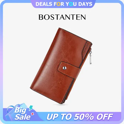 BOSTANTEN Chic Genuine Leather Women's Wallet - RFID Blocking, 20 Slots, Credit Card Holder, Phone Holder, Zipper Coin Pocket, Long Bifold, Card Handling Design, Everyday Wallets for Women, Ladies Gift,sohochic