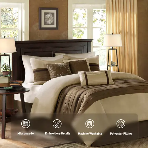 Madison Park Palmer 7-Piece Comfy Bedding Set - Pieced Microsuede, Embroidered Details, Breathable Hotel Style Bedding (King, Queen Comforter Set Sizes Available),back to school,back to school shopping,home decor,sohochic