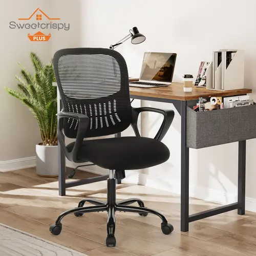 Sweetcrispy Comfy Desk Chair for Home Office - Mid Back Ergonomic Office Seating with Larger Seat, Height-Adjustable Swivel Mesh Iron Task Chair, Lumbar Support, Armrests, Floorsafe Casters