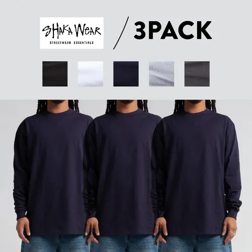 3 Pack SHAKAWEAR Men's Max Heavyweight LONG Sleeve T Shirts CasualShaka Wear Long Sleeves Shirt Work Warm Heavy Casual Hip Hop Cotton Tee (S to 5XLT)