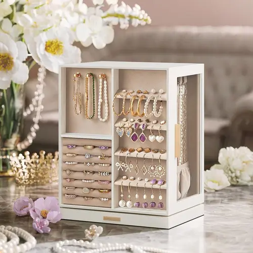 SONGMICS 360-Degree Rotating Rectangular Decorative Jewelry Chest with 5 Drawers, Glass Window, Open-Side Access, Compartmentalized Organizers, Home Storage Boxes for Dresser Organization, Ideal Gift