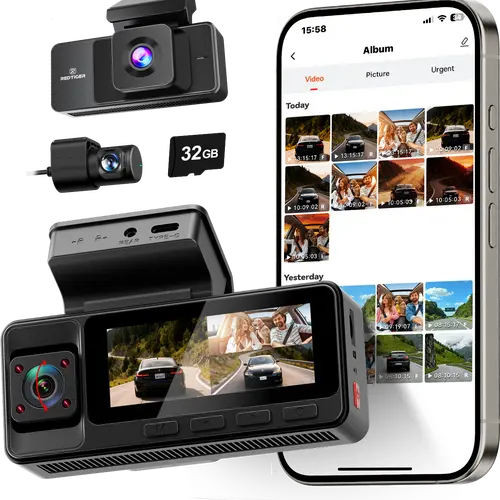 REDTIGER A3 3 Channel WiFi Dash Cam Front and Rear Inside with 32G SD Card( No SD Card Option In A Better Deal ), 2.5K+1080P+1080P Car Dash Camera for CarsFront and Rear, G-Sensor, 24H Parking Mode, Car rvibe, Car VLOG toolupgrade