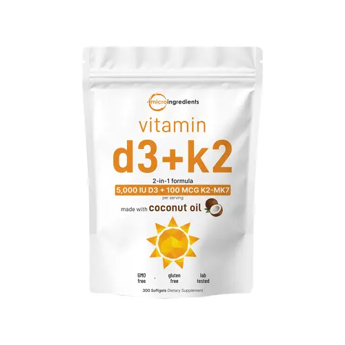 Micro Ingredients Vitamin D3 K2 5000IU /2000IU / 1000IU, Infused with Virgin Coconut Oil, 300 Softgels