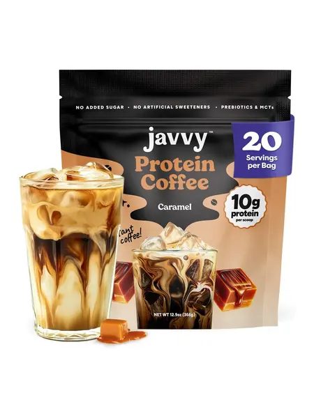 Javvy Caramel Protein Iced Coffee Beverage - Pre-Packaged Instant Coffee, Premium Whey Protein, Arabica Beans Natural Blend, 100% Natural Cold Brew, 0 Additives, 0 Artificial Flavors/Sweeteners, 80mg Caffeine, No Added Sugar, 20 Servings