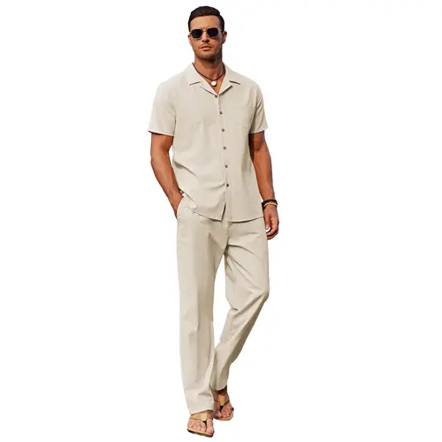 COOFANDY Men 2 Pack Linen Outfit Beach Button Down Shirt Casual Loose Pant Overalls Sets Cotton Fabric Menswear Shortsleeve Breathable Classic Collar Elastic Matching Relaxed Fit Suits Stylish Soft