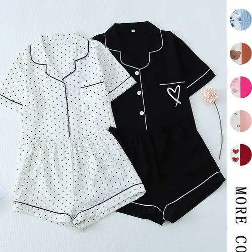 Women's All Over Print Woven Casual Loungewear Set, Contrast Binding Pocket Button Top & Elastic Shorts Pajama Set, Ladies Summer Pjs Nightwear Matching Pj Set