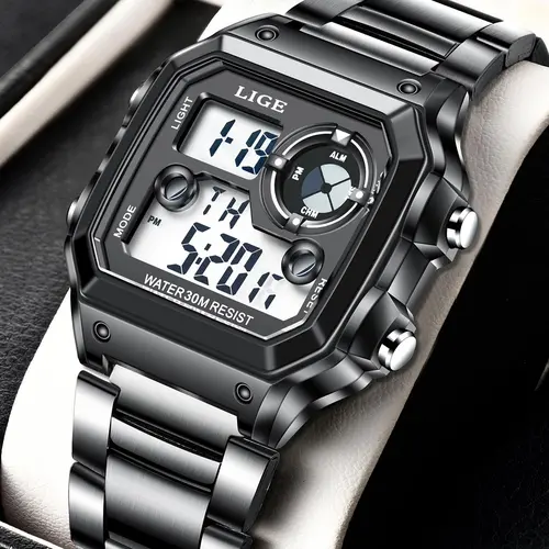 1 Piece Men's Waterproof Digital Watch With Stainless Steel Band With Box For Daily, Business, Work