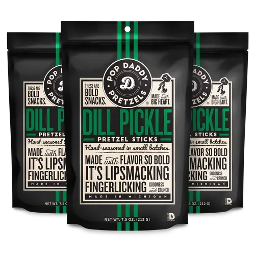 Pop Daddy Flavored Pretzels Sticks | Healthy Gourmet Pretzels Snacks | 7.5oz Individual Bags | 3 Pack | Dill Pickle