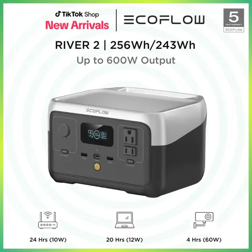 ECOFLOW River 2 243Wh, 300W AC Output Portable Power Station with LiFePO4 Battery 1 Hour Fast Charging 2 AC Outlets Eco-Friendly & Reliable Solar Powered Generator with 5000mAh Power Bank Gift