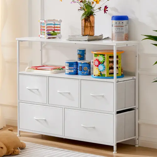 Sweet Furniture S - Dresser TV Cabinet, 5 Fabric Drawers Entertainment Center with Open Storage Shelf, Wood Television Stand for Apartment Furniture, Wood Tv Stand, Storage Organization, Room Storage