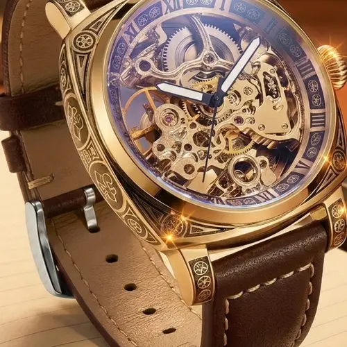 Men's Business Style Night Light Floral Automatic Tourbillon Open Heart Mechanical Watch, Analog Watches, Dial, Round Face, Buckle Closure, Elegant Watch