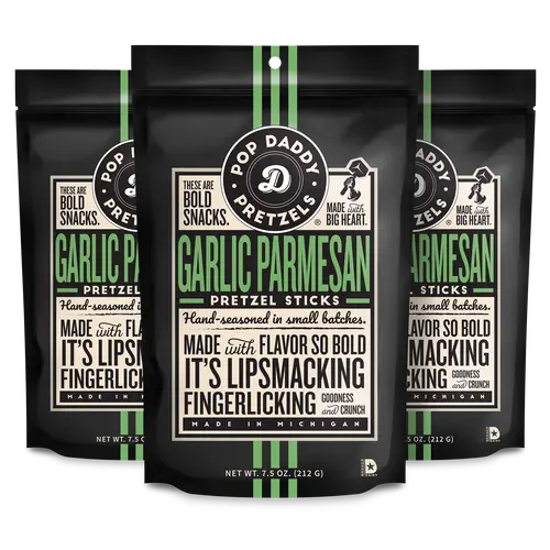 Pop Daddy Flavored Pretzels Sticks | Healthy Gourmet Pretzels Snacks | 7.5oz Individual Bags | 3 Pack | Garlic Parmesan
