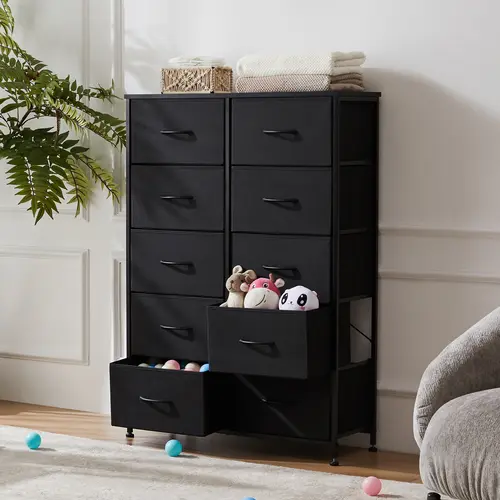 Sweetcrispy Tall Fabric Drawer Dresser Cabinet - 10 Drawers, Wood Top Modern Multifunctional Cupboard, Adjustable Organizer for Bedroom & Nursery Room Storage, House Organizers & Storage Organization