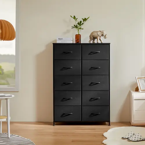 Sweet Furniture F Dresser - Fabric Storage Tower with 10 Drawers, Bedroom Drawer Dresser Organizer, Chest of Drawers with Fabric Bins, Steel Frame and Wood Top for Bedroom, Closet, Entryway Assembled