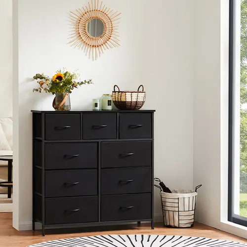 Fabric Storage Tower with 9 Drawers, Bedroom Drawer Dresser Organizer, Chest of Drawers with Fabric Bins, Steel Frame and Wood Top for Bedroom, Closet, Entryway