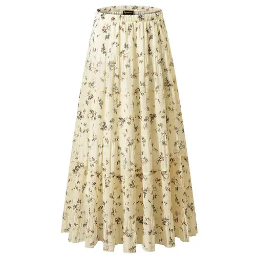 NASHALYLY Women's Chiffon Elastic High Waist Pleated A-Line Flared Maxi Skirt Flower Breathable Comfortable Casual Summer Wear White Black Christmas Vintage Floral Bohemian Boho Womenswear Summer Outfits campingessentials