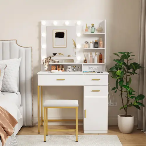 Lifewit 31.5"/35.4"/38.6"W Vanity Desk with Mirror Lights Drawers, 3 Adjustable Brightness, Wooden TOP Kids Vanity Daughter Gift Mothers Day Gifts,summerwins