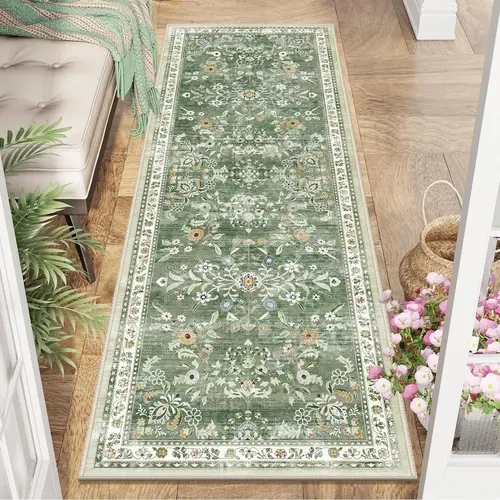 LOKHOM Vintage Non-Slip Floor Runner Rug Soft Farmhouse Medallion Rug Washable Easy to Clean Rugs for Hallway Kitchen Bedroom Entryway Laundry Room 0.4-inch Thick Premium Faux Wool Ultra Soft Resilient Against Wear and Tear Stain-Resistant