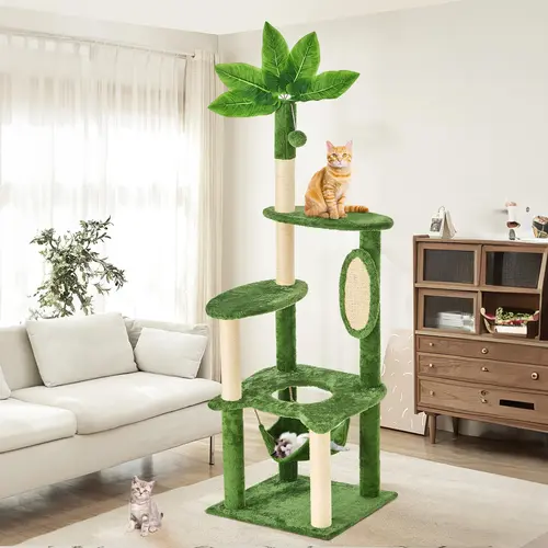 [backtoschool] WeCharmer Classic Geometric Indoor Cat Tree with 400g Plush Condo House, Green Leaves, Sisal Scratching Posts, Vertical Scratcher & Hang Ball, Pet Furniture