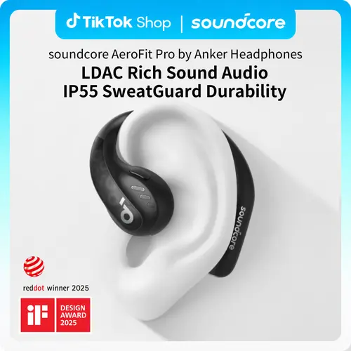 soundcore by Anker AeroFit Pro Open-Ear On-Ear Wireless Headphones, 0.20 lbs Wireless Chargeable, Secure Ergonomic Fit, LDAC Rich Sound, Bluetooth 5.3, IP55 Water Resistant, 46H Total 14H Single Playtime, App Control, Gym-Compatible Audio Smart Headset, W
