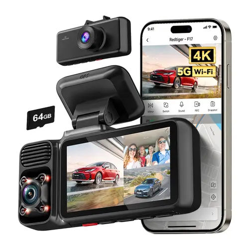 REDTIGER F17 4K 3-Channel Dash Cam with 5GHz WiFi GPS, 64GB Card, 2160P+1080P+1080P Cameras, IR Night Vision, Parking Mode, Car rvibes, Car VLOG toolupgrade