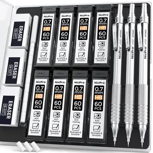 Nicpro 0.7 mm Round Compact Metal Body Aluminum Barrel Mechanical Pencils Set (3-Pack MP1000) with Case, 8 Tubes HB Refills, 3 Erasers, 9 Eraser Refills - Office Stationery Writing Tools for Architects, Correction