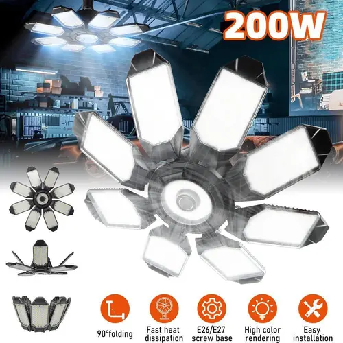【BackToSchool】 Adult Home 200W LED Deformable Garage Ceiling Light, 8+1 Plastic Panels, 6500K E26/E27 Screw-in Bulb, Water Resistant for Workshop, Warehouse,toolupgrade