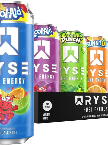 RYSE Fuel Energy Drink - Pack of 12 - 200mg Natural Caffeine, Taurine and Choline for Focus and Energy - Sugar-Free and Vegan - 16 fl oz