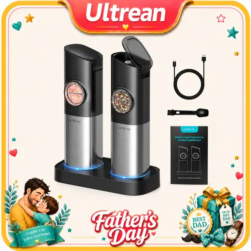 Ultrean 2pcs Rechargeable Electric Salt & Pepper Grinder Set, Stainless Steel Kitchen Utensils with Adjustable Coarseness, Auto Dust Lids, LED 1-Hand Operation, Salt And Pepper