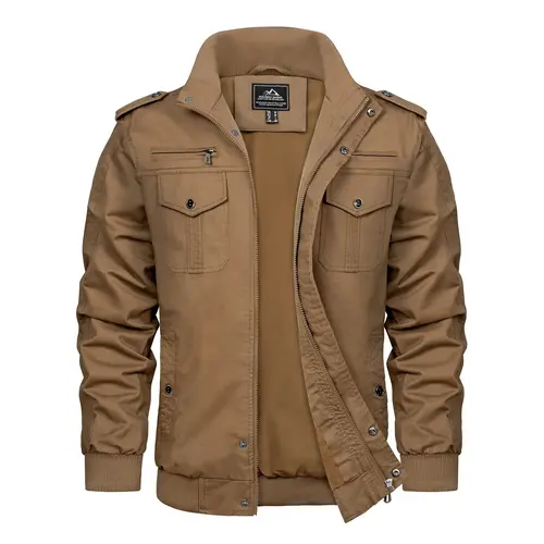 MAGCOMSEN Men's Soft Breathable Cotton Casual Cargo Jacket - Long Sleeve Stand Collar Windbreaker, Fitted Cut, Rib-Knit Zipper, Classic Fabric, Washed Look Vintage Style, Multi-Pockets for Outdoor Men's Clothing Jackets, Breathable Cotton Stays Cool,sohoc