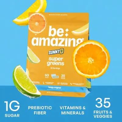 Vegan Greens Powder for Gut Health, Digestive Enzymes & Prebiotic Fiber, 25 Servings | Dole Whip Pineapple, Sunny D Tangy & Pink Lemonade | Be Amazing