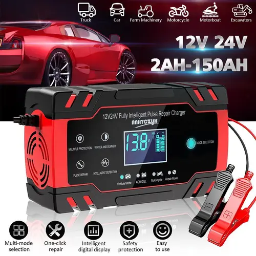 【ToolUpgrade】Automotive Smart Automatic 8-Amp 12V-24V Battery Charger with LCD Screen, Pulse Repair & Maintainer Tools and Gadgets for Vehicle, Truck Batteries, Suv