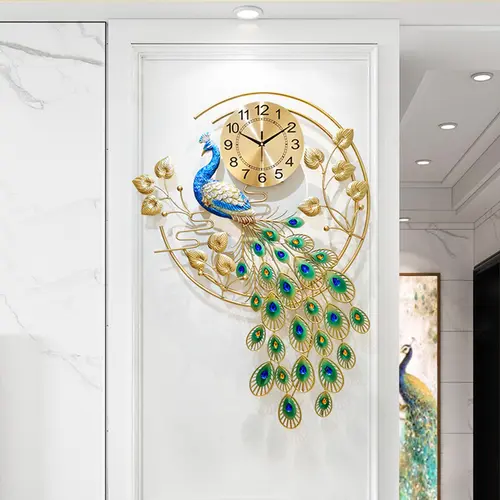 CNCEST Silent Sweep Irregular 3D Peacock Resin Wall Clock - Retro Luxury Gold-Green Metal Frame, Battery-Operated Acrylic Crystal Home Decor for Decorating Living Room, Adult Bedroom, Unique Decor,sohochic