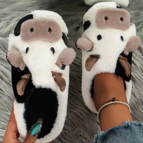 Women's New Fashion Trendy Cartoon Cow Head Indoor Outdoor Cotton Slippers, Winter Casual Warm Home Shoes, Anti-Slip Lightweight Unisex
