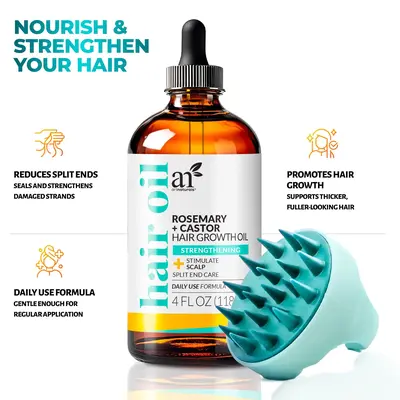 Artnaturals Organic Rosemary Castor Oil Hair Growth Kit with Comfort Scalp Brush - Choose from Keratin Blend, Biotin Vitamin Formula, or Original Natural Blend - Strengthen, Nourish & Revitalize Hair Haircare Solution Thickening Boost