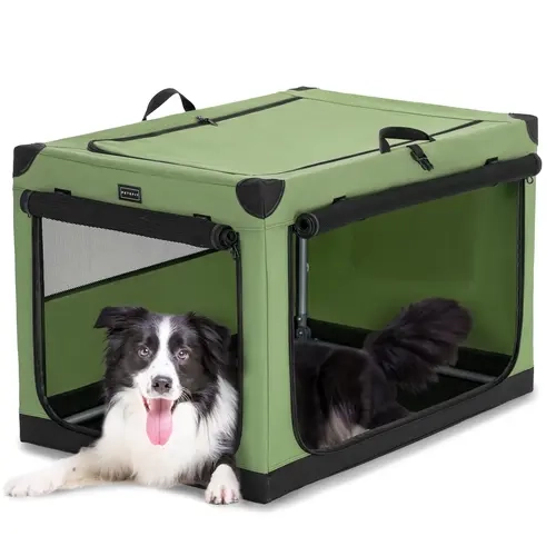 PETSFIT 40 Inch Green Collapsible Soft Sided Dog Crate - Kennel with Patented Adjustable Fabric Cover, Chewproof Mesh Doors, Lockable Zippers, Waterproof Solid Base, Ample Ventilation, Storage Pocket